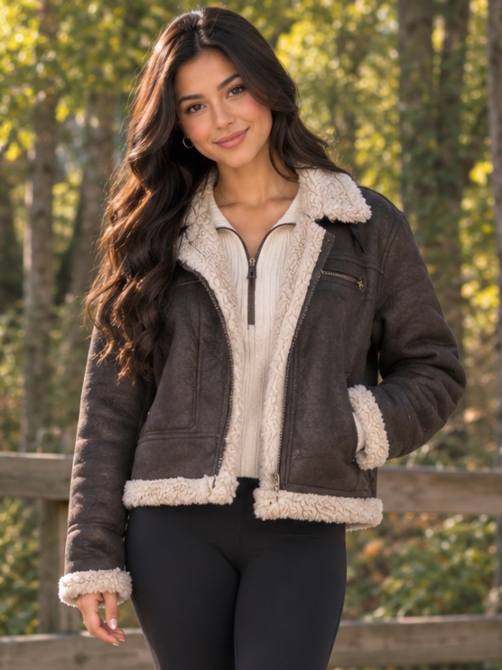 Maralyn & Me Chocolate Brown Faux Shearling Jacket with Cream Lining